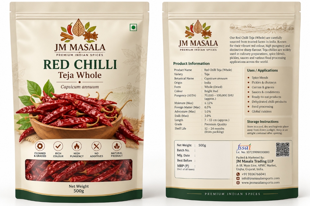 JM Masala Red Chilli Teja Whole 500g Stand-up Pouch Packaging (Front and Back)
